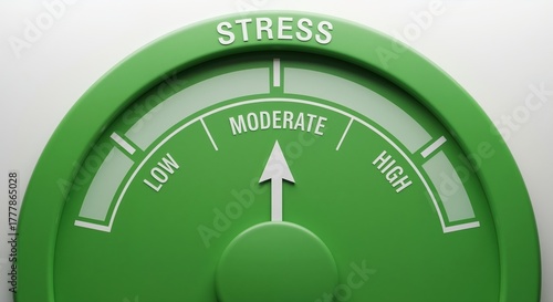Stress meter pointing to a moderate level. Green gauge measuring pressure and anxiety. Mental health and workload management concept