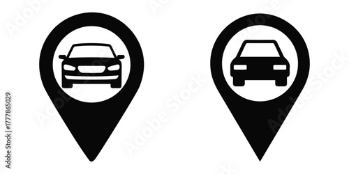 Simple car location pin icon set, GPS navigation map symbol.