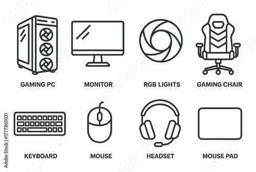 Gaming setup essentials: pc, monitor, rgb lights, chair, keyboard, mouse, headset, mouse pad