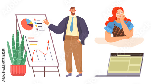Man explaining charts on board, woman thinking, laptop screen, and plant. Ideal for business, strategy, planning, analytics teamwork marketing education. Simple flat metaphor