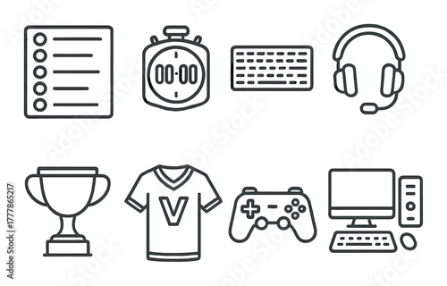 Gaming icons collection: trophy, headset, controller, pc, stopwatch, keyboard