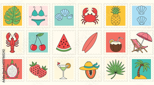 Summer vacation icons isolated on white background a collection of colorful handdrawn illustrations featuring beach essentials, tropical fruits, and leisure activities