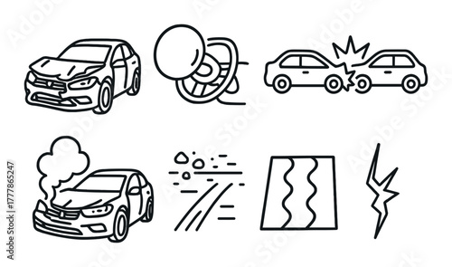 Car accident icons set with collisions and road hazards