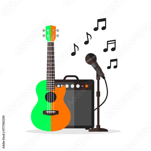 Colorful guitar and microphone with an amplifier surrounded by musical notes
