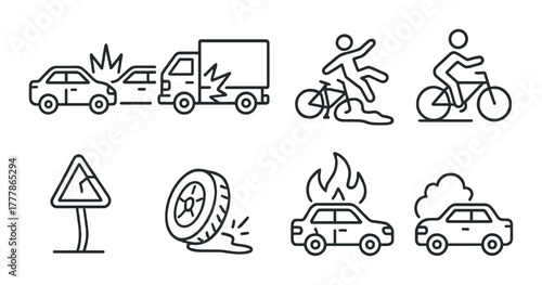 Monochrome icons: traffic accident, bicycle safety, road hazards, car fire