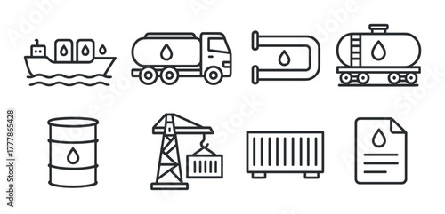 Oil transport and storage icons on metallic background