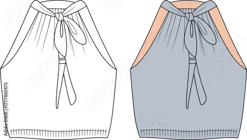 Halter crop top fashion illustration, technical flat sketch, trendy summer garment design, peach accent, front gather, fitted hem, apparel template