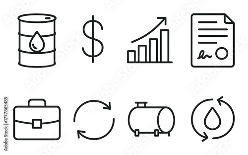 Oil industry icons: barrel, dollar, growth chart, document, briefcase, recycle, tank, droplet