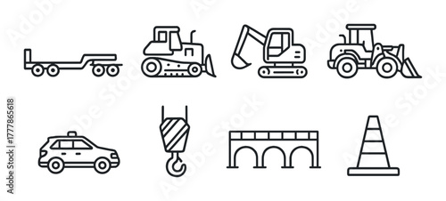 Construction icons set: excavator, bulldozer, tractor, trailer, hook, bridge, traffic cone