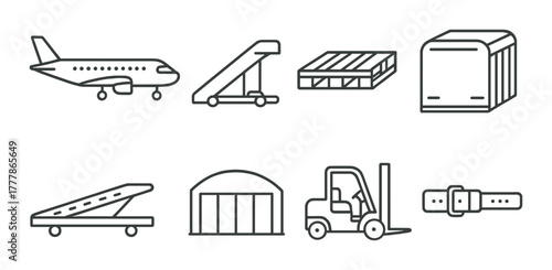 Aviation cargo equipment icons: airplane, forklift, hangar, conveyor belt, scissor lift