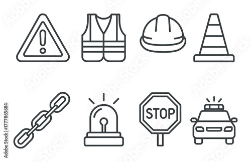 Safety equipment icons: vest, helmet, cone, chain, light, stop sign, police car