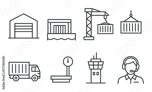 Logistics and shipping icons: warehouse, crane, truck, control tower, operator