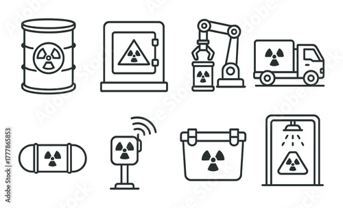 Nuclear waste management icons: safety symbols for storage, transportation, and disposal