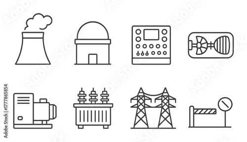 Monochrome industrial icons: power plants and electrical infrastructure