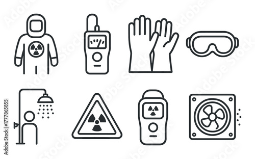 Radioactive safety icons: hazmat suit, geiger counter, protective gear, radiation warning signs