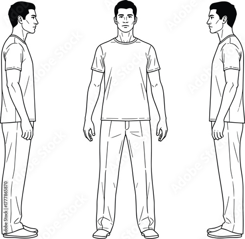 Male t-shirt fashion template front and side view, vector clothing design sketch for apparel mockup, casual outfit illustration drawing