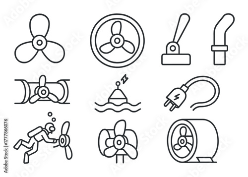 Collection of nautical and marine icons featuring propellers and diving equipment
