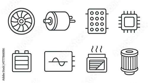 Monochrome icons: engine, sensor, chip, battery, filter, matrix, waveform, grid, circuit