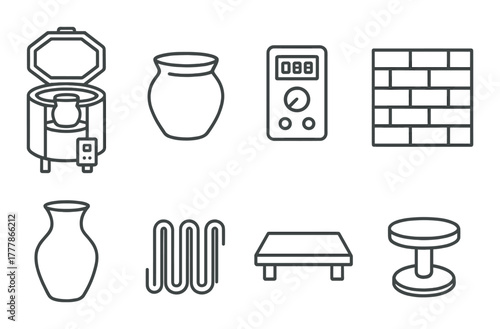 Outline of kiln, pottery, and crafting equipment on dark background
