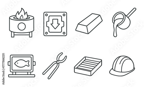 Metal casting icons: furnace, ingots, molding, safety gear