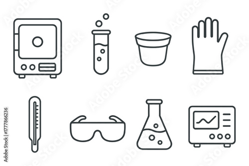 Laboratory equipment icons: safety gear, beaker, test tube, thermometer, glove, goggles