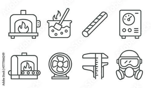 Industrial icons: oven, boiler, gas mask, fan, tools, baguette