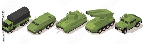 Collection of green isometric military vehicles including a tank, truck, and armored cars on a white background. Concept of army transport. Vector illustration