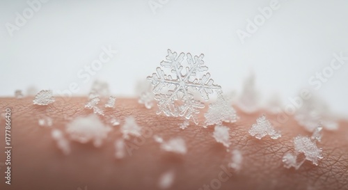 Macro Snowflake on Human Skin  Winter Cold Detail.