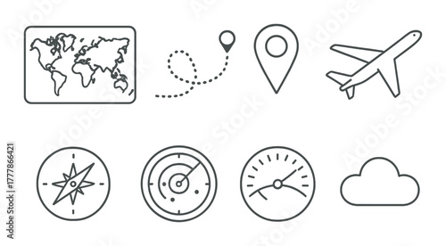 Travel icons: map, airplane, compass, radar, speedometer, cloud, location pin