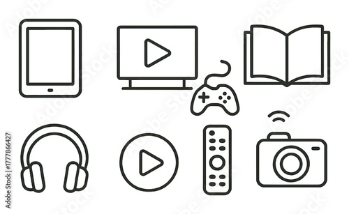 Technology icons: tablet, play button, book, game controller, headphones, remote, camera