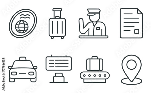 Airport travel icons: passport, luggage, customs, itinerary, taxi, gps locator, baggage claim