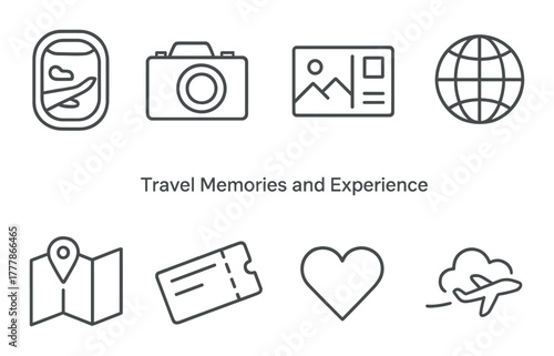 Travel icons: camera, globe, map, airplane, ticket, heart, memories