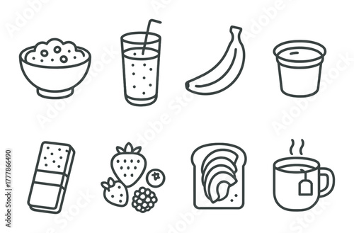 Breakfast icons: cereal, juice, banana, yogurt, chocolate, berries, avocado toast, tea