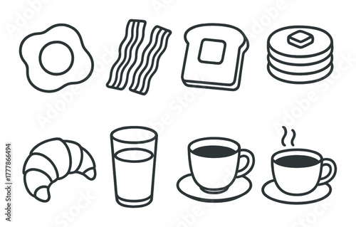 Breakfast icons: fried egg, bacon, toast, pancakes, croissant, milk, coffee cups
