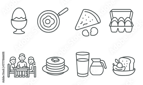 Breakfast icons: eggs, pancakes, juice, dining, toast in outline design