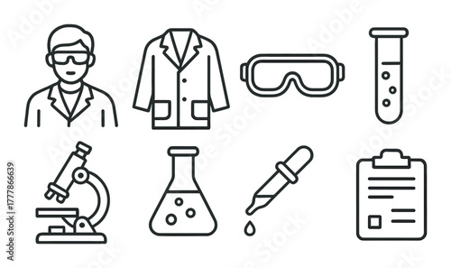 Science lab icons: equipment and safety gear elements