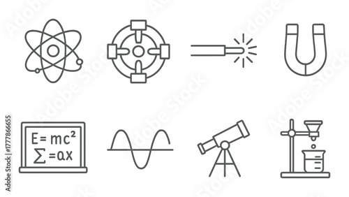 Abstract science icons: atom, gear, magnet, formula, oscilloscope, telescope, lab equipment
