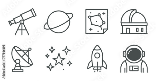 Space exploration icons: telescope, planet, observatory, astronaut, rocket, stars