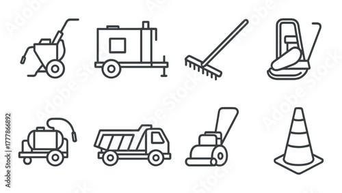 Outline icons of construction equipment including mixer, dumper, and traffic cone
