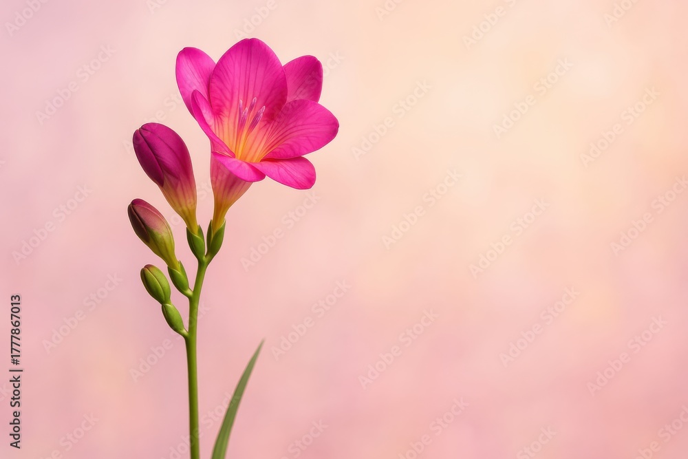 Fototapeta premium A captivating close-up shot of a vibrant magenta freesia flower with unopened buds on an alluring