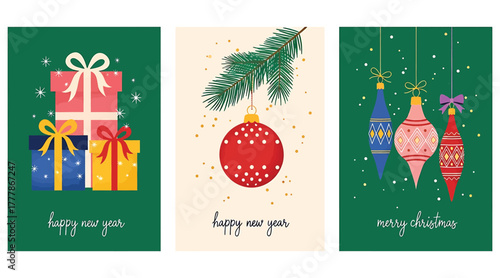 Festive christmas and new year card collection featuring gifts, ornaments, and holiday greetings, perfect for spreading cheer and celebrating the season