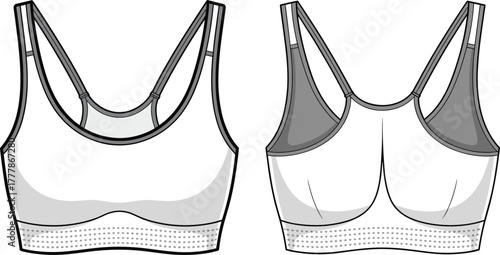 Sport bra front and back view, activewear design, fitness underwear template, women sports top, athletic bra mockup, vector illustration