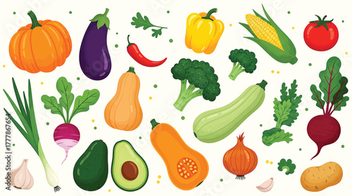 A vibrant assortment of fresh vegetables, including pumpkin, eggplant, pepper, corn, tomato, broccoli, zucchini, onion, garlic, avocado, butternut squash isolated on white background
