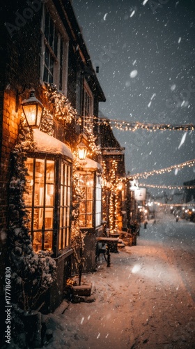 Fototapeta Naklejka Na Ścianę i Meble -  Festive snowy night street in small town with twinkling lights and cozy Christmas spirit