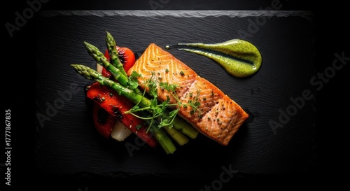 Fresh Grilled Salmon Fillet with Green Asparagus Cherry Tomatoes and Herb Garnish on Black Slate Plate