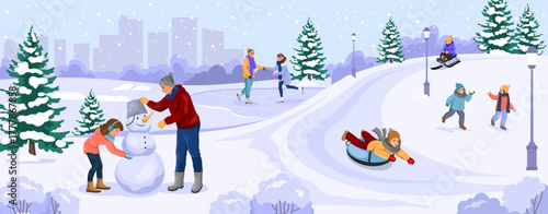 Children and adults enjoying winter activities like skating, sledding, snowball fights, and snowman building in snowy city park. Vector illustration