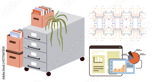 File cabinet with documents, a plant, analytics dashboard, pie chart, and digital circuit background. Ideal for office management, organization, data analysis, networking workflow technology