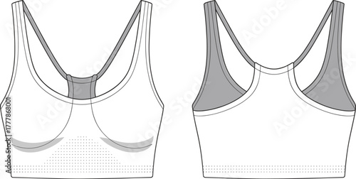 Technical sports bra front and back view, fashion sketch, activewear design, racerback, mesh panel, garment construction, fitness apparel illustration
