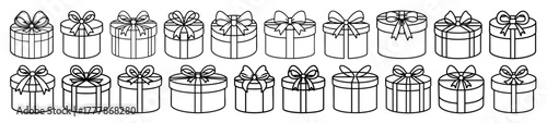 Circular Gift Box Silhouette Icon Set - Elegant Black Line Vector Design with Ribbon Bow on Transparent Background