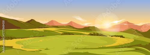 Scenic green valley with rolling hills and distant mountains under an orange sunrise sky, minimal flat style on clear background. Concept of tranquility. Vector illustration